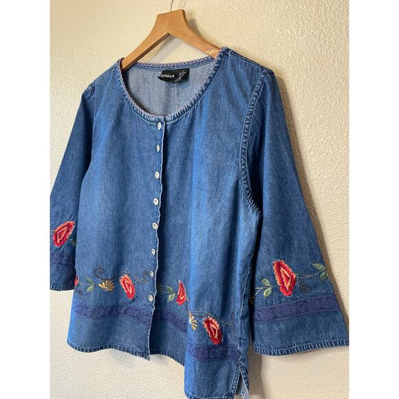 Erika Floral Embroidered Cottagecore 100% Cotton Chambray Button Up Blouse Large - Picture 4 of 9